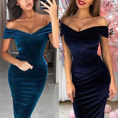 Off Shoulder Dress Women Velour Sukienka Sexy Ladies Formal Dress Elegant Evening Low Cut Bodycon Midi Dress Blue Velvet Solid
