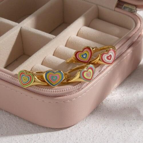 Lovely Korean Fashion Jewelry Tarnish Free Hypoallergenic Heart Shape Colorful Gold Rings For Women Multiple Layers Love Ring