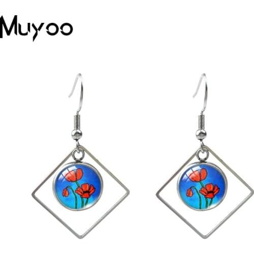 New Arrival Vintage Red Poppies Flowers Paintings Glass Round Dome Rhombus Dangles Earring Yellow Poppies Fish Hook Earrings