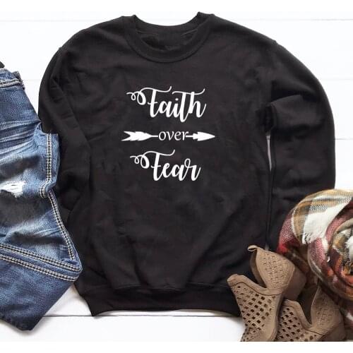 Faith Over Fear Arrow Printed Christian Sweatshirt Women Religious Church Sweatshirts Casual Unisex Long Sleeve Jesus Pullovers