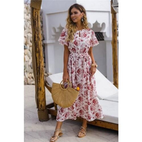 Tmwevn Summer Womens Dress Printed Waist Beach Skirt Dress