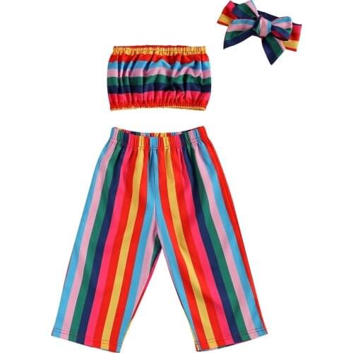 1-5Y Fashion Kids Girls Clothes Sets 3pcs Rainbow Striped Print Sleeveless Strapless Vest Tops Long Pants Headband