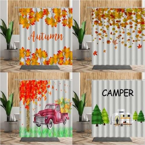 Golden Maple Leaf Shower Curtain Camper Car Pumpkin Bathroom Decors 3D Autumn Pattern Backdrop Fabric Printed Bath Curtains Sets