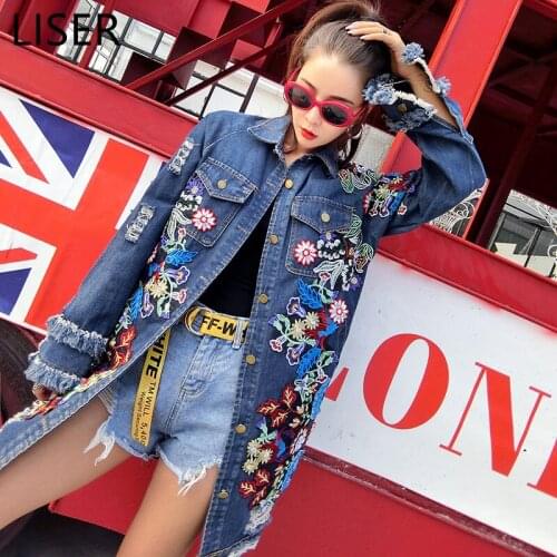 Autumn Fashion Embroidery Loose Thin Denim Ripped Jacket Women 2021 New Cardigan Long Jacket Blue LL297
