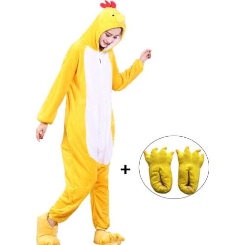 Animal Kigurumis Onesies Women Cartoon Cute Yellow Chick Pajama Winter Homewear Sleepwear Cosplay Carnival Funny Costume