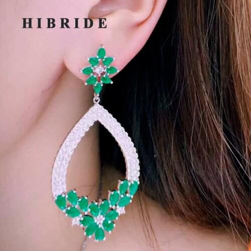 HIBRIDE Green Cubic Zirconia Drop Earring For Women Flower Shape Design Brazil Style Trendy Engagement Earring Brincos E-608