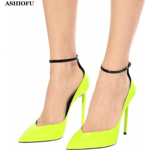 ASHIOFU Handmade New Ladies High Heel Pumps Real Photos Shinny Patent Leather Party Dress Shoes Evening Club Fashion Court Shoes