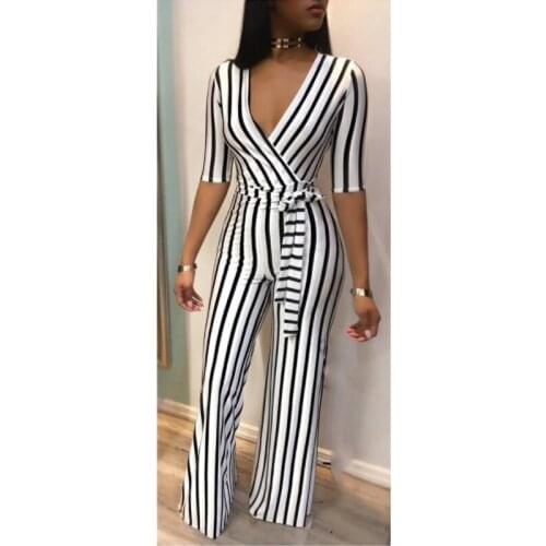 Jumpsuit womens summer 2021 new summer womens deep V slim body slimming contrast color black and white striped jumpsuit women