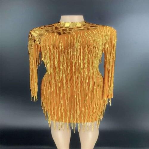V88 Female stage perform gold tassels evening long dress catwalk show stretched siamese long sleeve skirt mirror glass outfit dj