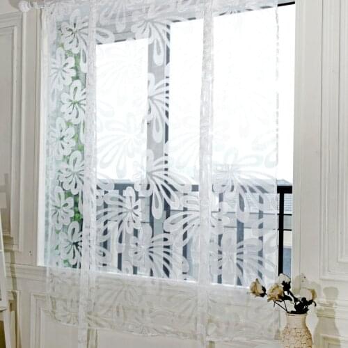 2PCS Window Curtain Balloon Kitchen Door Voile Sheer Jacquard Flower Tie-up Roman Curtain Window Drape Valance for Home