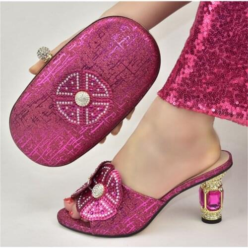 2021 Slippers Comfortable Newest Decorated With Flower Sweet Elengant Fuchsia Color Ladies Shoes and Bag Matching Italian Party
