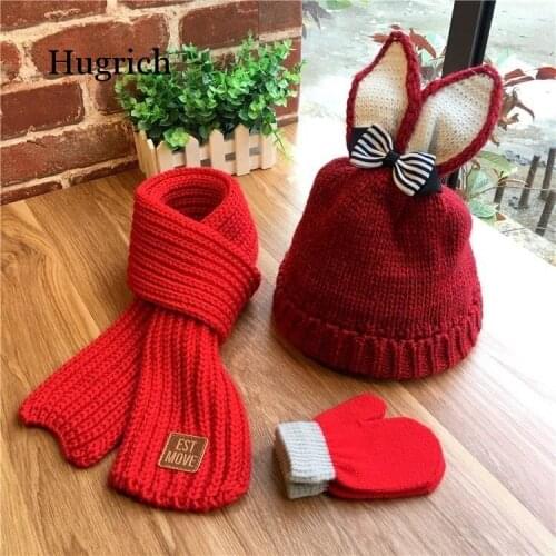 3 Pcs Set Rabbit Ears Baby Hat Beanie Caps Warm Winter Kids Baby Girl Hat Bows Warm Thicken Children Toddler Bunny Hat
