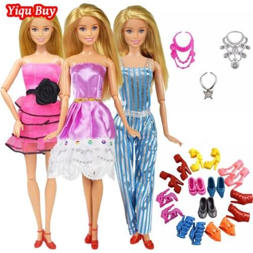 9 Item/Set Doll Accessories=3 Pcs Doll Clothes Dress + 3 Plastic Necklace + Random 3 Pairs Shoes for 12 Inch Doll Accessories