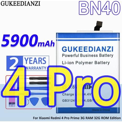 High Capacity GUKEEDIANZI Battery BN40 5900mAh For Xiaomi Redmi 4 Pro Prime 3G RAM 32G ROM Edition 4Pro