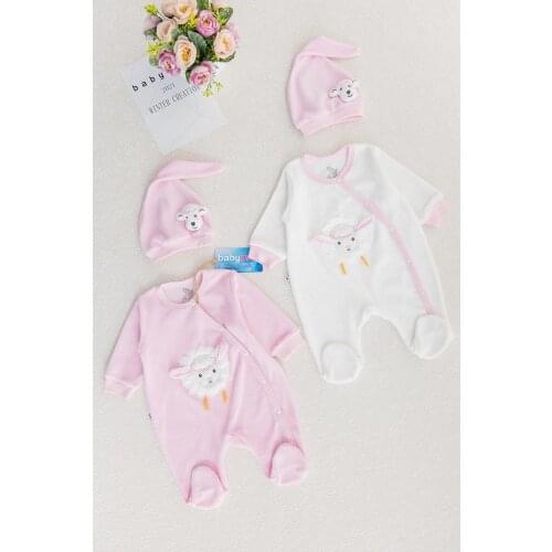Lamb Figured Velvet Baby Girl 2 Pieces Overalls Set