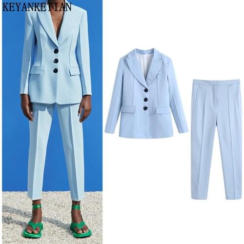 KEYANKETIAN Blazer suit ladies Chic Za 2021 blue ladies blazer suit office casual pants ladies elegant suit pants and jacket