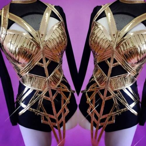 Golden hollow Outfit Black base Rhinestones Bodysuit Women 2 Piece Stretch Outfit Nightclub Dance Wear Female Singer Show Outfit