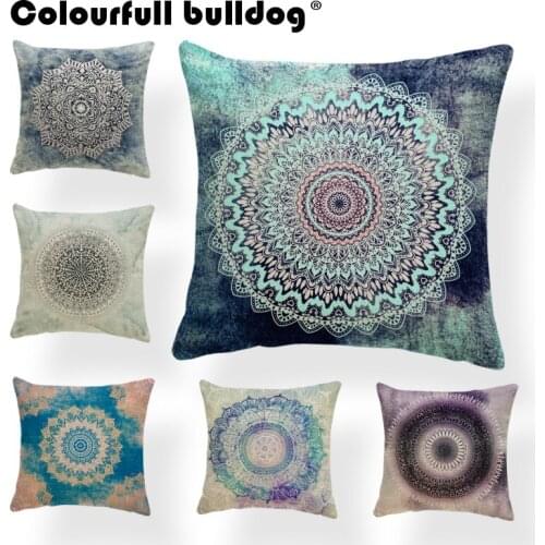 Flowers Geometry Cushion Mandala Buddhism Pillow Case Retro Living Room Baby Birth Gifts Throw Pillow Cover 17X17 Cotton Blend