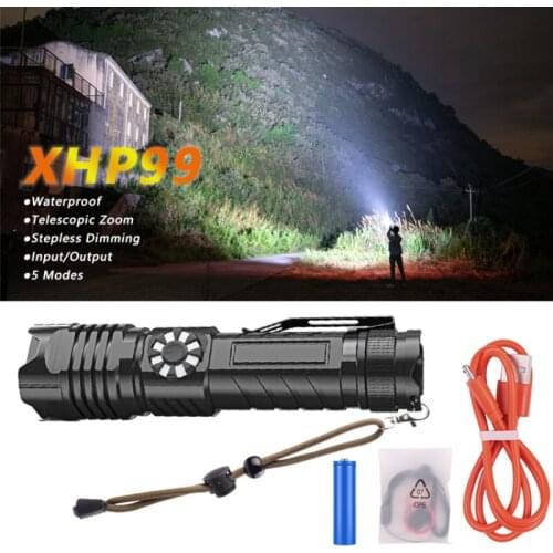 XHP99 Powerful Flashlight 5 Lighting Modes Stepless Dimming USB Rechargeable Zoom Waterproof Led Torch Power Bank Camping