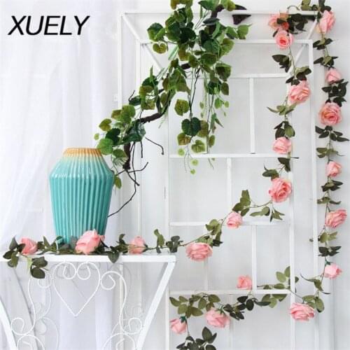 200cm artificial flowers 10 head silk rose vine with green leaves for family wedding decoration fake leaves diy hanging wreath