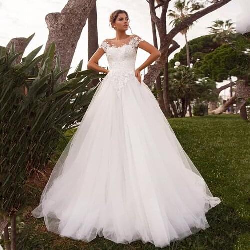 Classic Tulle A Line Wedding Dress 2021 Vestido De Noiva Elegant Scoop Cap Sleeve Appliques Lace Bridal Gowns