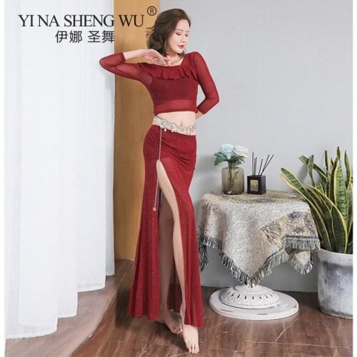 2Pcs New Belly Dance Sexy Suit Exercise Clothes Tops Practice Clothes Female Group Profession Performance Clothing Long Skirt