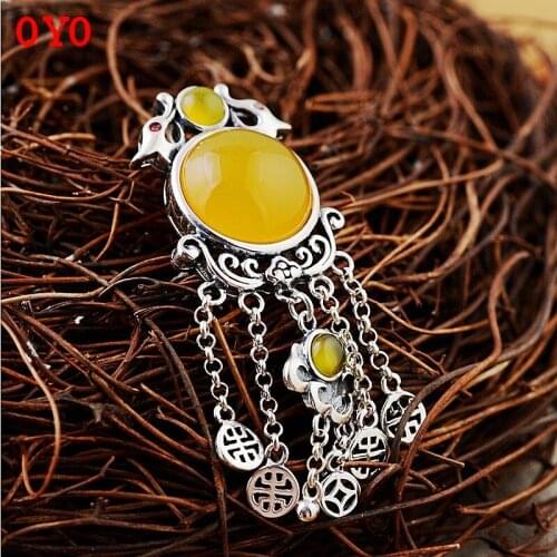 S925 silver vintage Thai silver yellow chalcedony ethnic style carved tassel hollow pendant