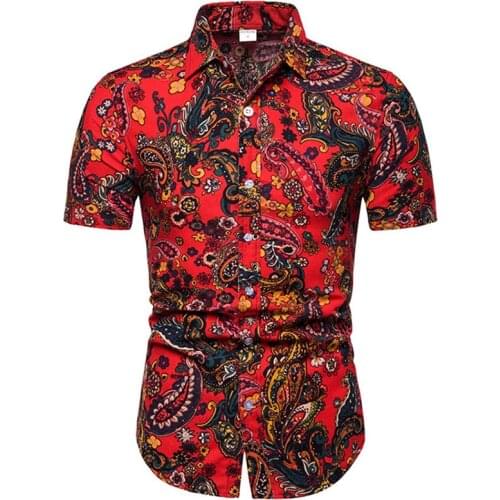 Mens Paisley Shirts Slim Fit Camisa Masculina 2019 Fashion Floral Cotton Linen Shirt Men Short Sleeve Beach Hawaiian Shirt Male