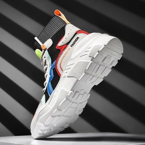 Male black athletic high leather Fashionable sneakers white top luxury korean breathable shoes chunky bona big male for Sneaker