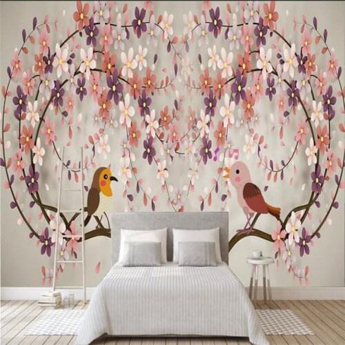 Custom Mural Wallpaper Modern Style Flower And Bird TV Background Painting