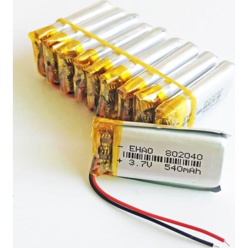 Wholesale 10 pcs 3.7V 540mAh 802040 Lithium Polymer LiPo Rechargeable Battery For Mp3 DVD RECORDE GPS video pen camera bluetooth