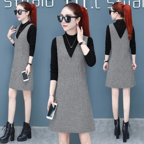 Autumn Winter Woolen Vest Dress Women 2020 Fashion Slim v-neck Sleeveless Dress Large size Casual Female Plaid A-line Dress 5XL