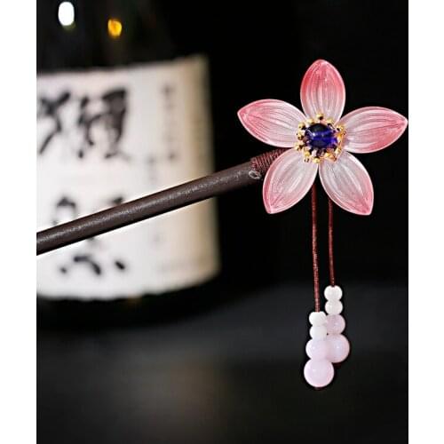 Bohemia Ethnic Gypsy Pink Flower Carved Chopstick Hair Sticks For Women Vintage Stone Hairpins Jewelry Horquillas