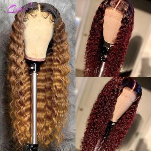Deep Wave Frontal Wig Ombre 99j Burgundy Hd Transparent Lace Front Wig Deep Wave Curly Human Hair Wig Highlight Honey Blonde Wig
