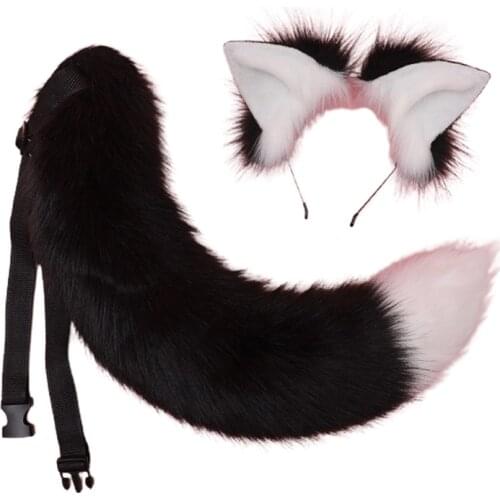 Cosplay Furry Animal Cat Ears Hair Hoop Tail Set Lolita Costume Long Fur Headpiece for Halloween Party Decoration F3MD