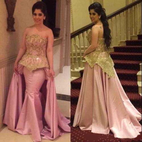 Pink Mermaid Evening Dresses Gold Lace Appliques Formal Weddings Guest Dress Robe de Soiree Prom Gowns