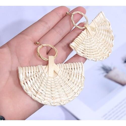 Fashion Boho Handmade Straw Weave Rattan Drop Earrings For Women Bohemian Semicircle Geometric Statement Big Hanging Earring