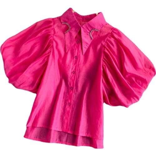 Women Retro Palace Style Irregular Rhinestones Collar Shirts Crop Top Short Puff Sleeve Cute Blouse Fashion Sheer Fairy Blusa