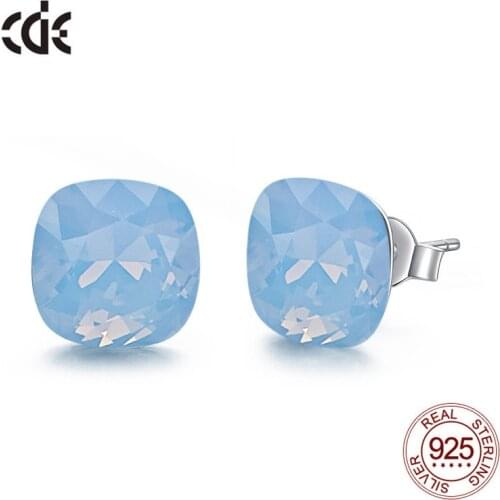 CDE Brand Jewelry 925 Sterling Silver Square Air Blue Opal Crystal Earrings from Women Fine Stud Earrings