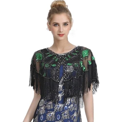 Women 1920s Vintage Dresses Party Dinner Top Scarf Shawls Mesh Beaded Cloak Sequins Capelet with Fringes #P011
