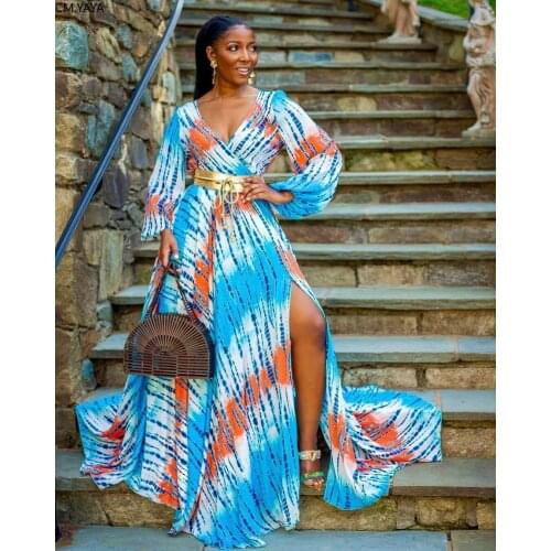 CM.YAYA 2020 Women Summer Long Maxi Dress Striped Print V-Neck Casual Street Dresses Beach Night Club Party Vestidos G024