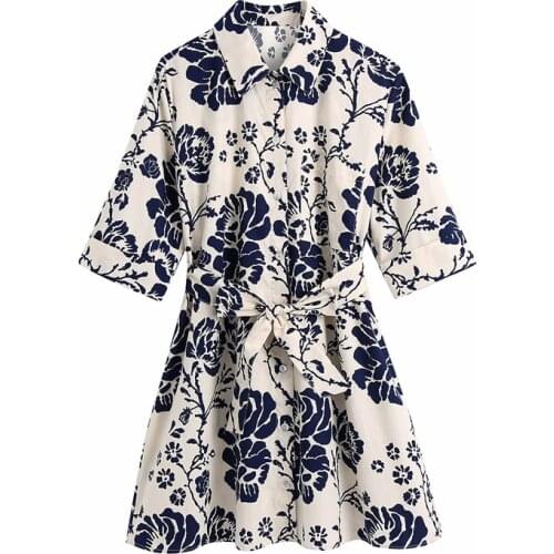 Evfer Women Fashion Flower Print Half Sleeve High Waist Nice Za Dress With Belt Chic Lady Elegant Turn-Down Collar Mini Dresses