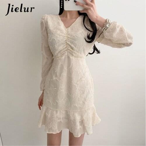 Jielur V-neck Solid Color Printing Ruffled High-waist Womens Dresses Slim Black White Long-sleeved Dress Femme Slim Long Dress