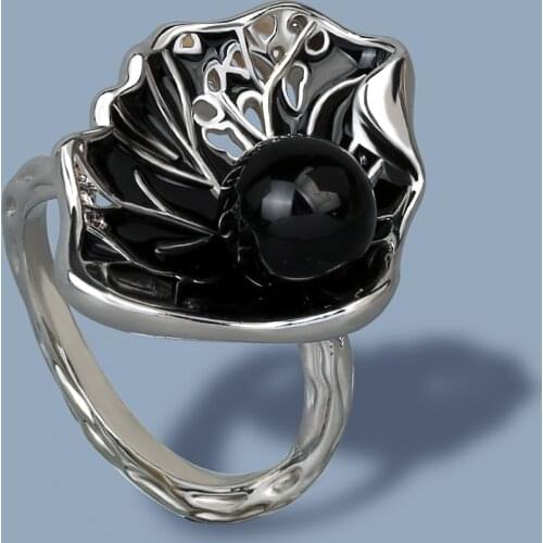 2021 New Black Hollow Pearl Womens Ring Fashion Handmade Epoxy Enamel Jewelry 925 Silver Womens Ring Party Jewelry