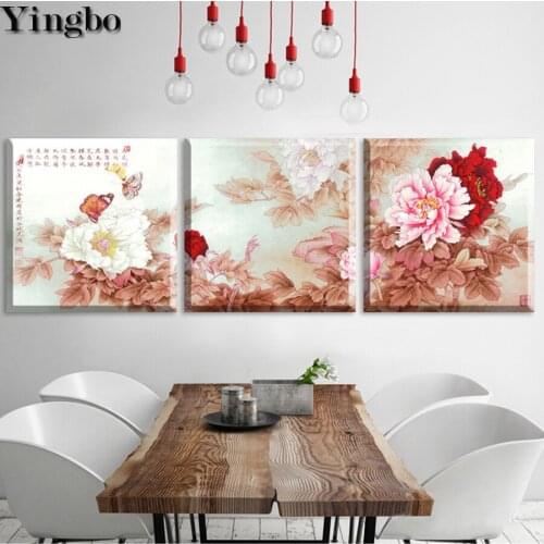3 Piece Chinese Style Peony diamond mosaic full drill square embroidery mosaic picture rhinestone 5d diy diamond painting sale