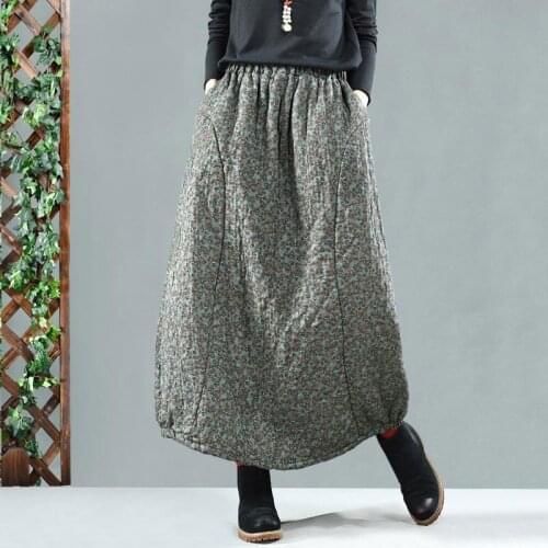 Long Skirt Vintage Print Cotton Casual A-Line Skirts Autumn Winter New Arts Style Women Elastic Waist Thicken Warm Loose