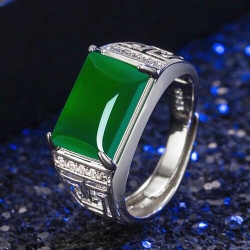 Vintage carving green jade emerald gemstones diamonds rings for men bague jewelry white gold silver color anillo accessory gifts