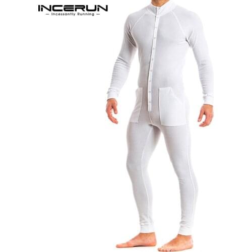 INCERUN Solid Color Men Pajamas Jumpsuits Button Fitness Homewear Rompers Long Sleeve Comfortable Overalls Men Nightwear S-5XL