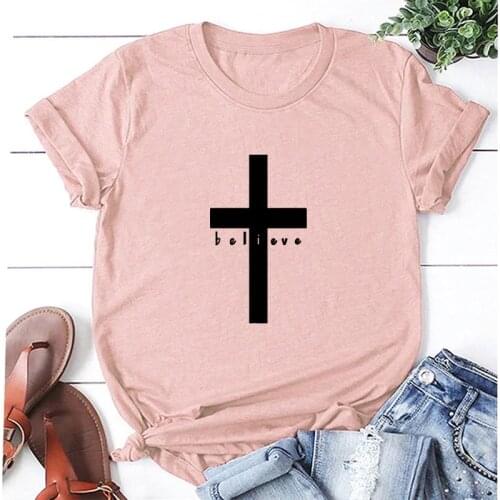 Christian Believe Cross Tshirt Short Sleeve O Neck Black Cotton Graphic Top Tees Jesus T-shirts for Women Ladies Over Size 3XL