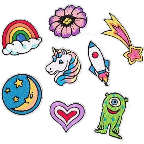 Moon Rainbow Heart Love Patches Embroidery Iron on Patch for Stripes Clothing DIY Stickers Sew on Clothes Denim Jacket